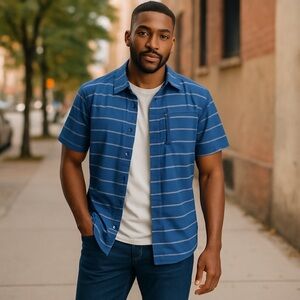 Columbia Men's Casual Blue and Gray Striped Shirt